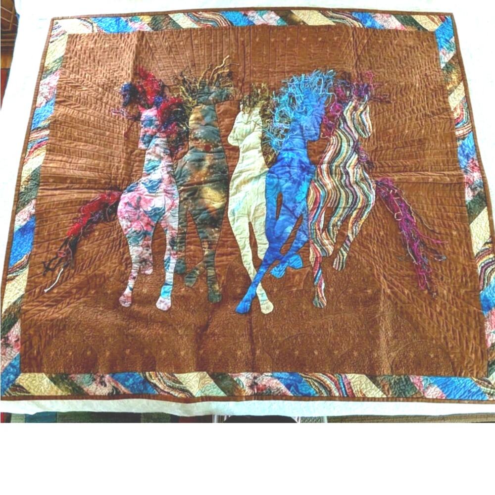 OOAK Handcrafted Wild Horses Art Quilt Fabric Collage Wall Hanging Mixed Media